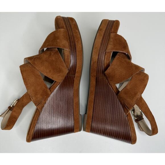 Cole Haan Laci Platform Wedge Sandal Women 7B Cognac Suede Buckle Strap Peep Toe - Picture 6 of 9
